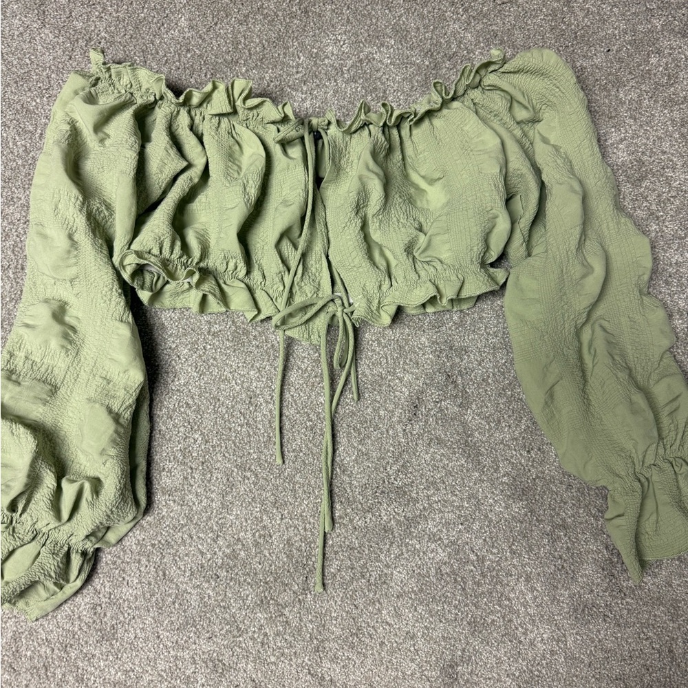 Green Off-Shoulder Ruffle Crop Top